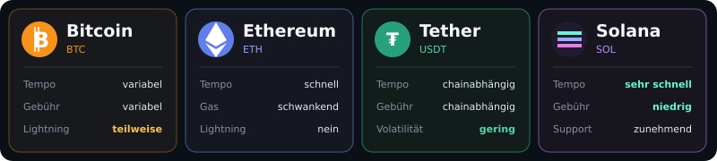 Krypto-Coins im Überblick: BTC, ETH, USDT, SOL Krypto-Coins im Vergleich: Bitcoin, Ethereum, USDT, Solana