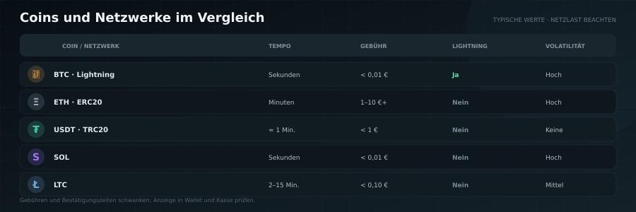 Krypto-Coins im Vergleich: Geschwindigkeit, Gebühren und Unterstützung