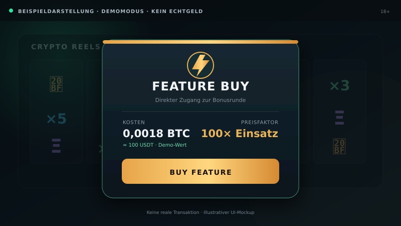 Feature Buy: Bonuskauf-Funktion (Beispieldarstellung, Demomodus) Bonuskauf-Funktion bei Krypto-Slots erklärt