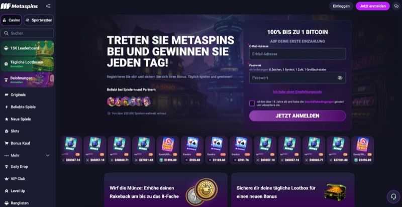 Metaspins — Vorschau Metaspins — Screenshot der offiziellen Website